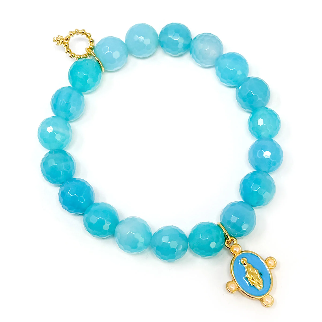 10mm Faceted Blue Ice Agate with Light Blue Blessed Mother