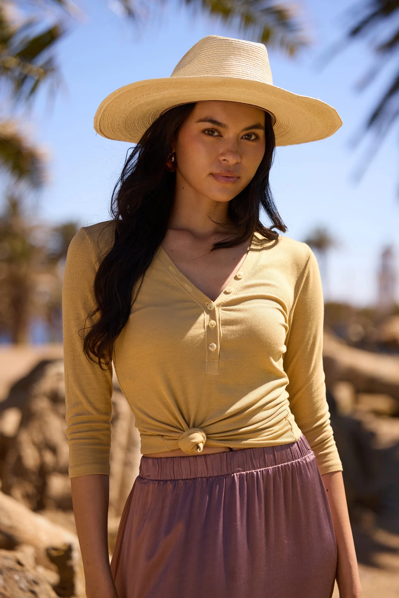 Ribbed V Neck Henley - 3/4 Sleeve Modal