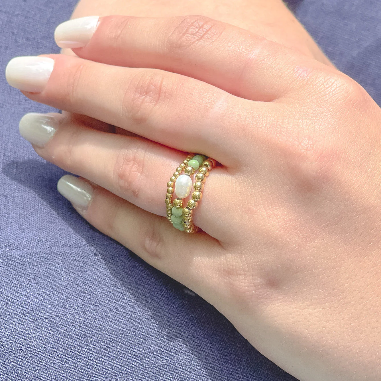 Grassy Green Agate and Pearl Triple Ring Stack - Image 2