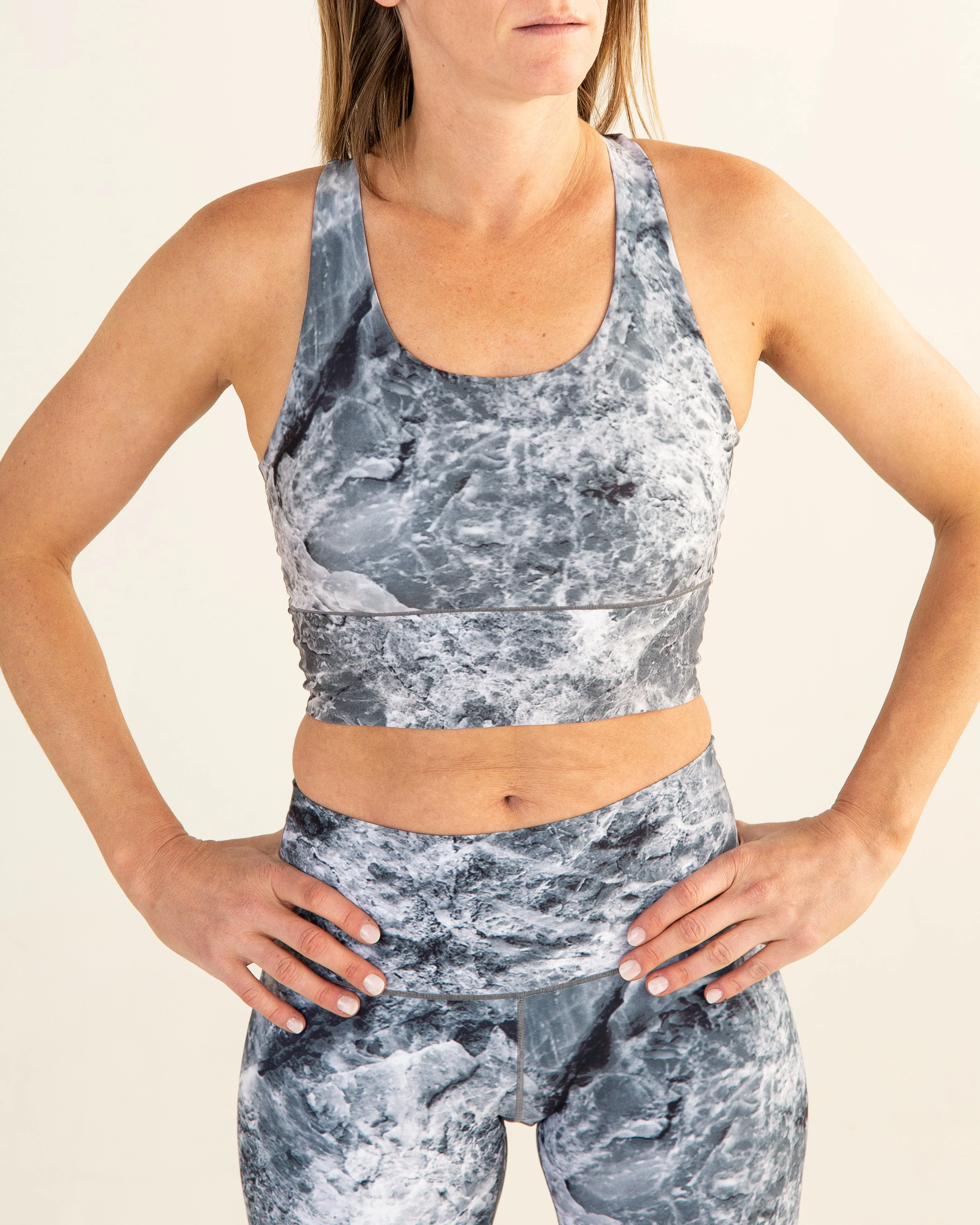 Eco-Friendly Grey Marble Longline Sports Bra