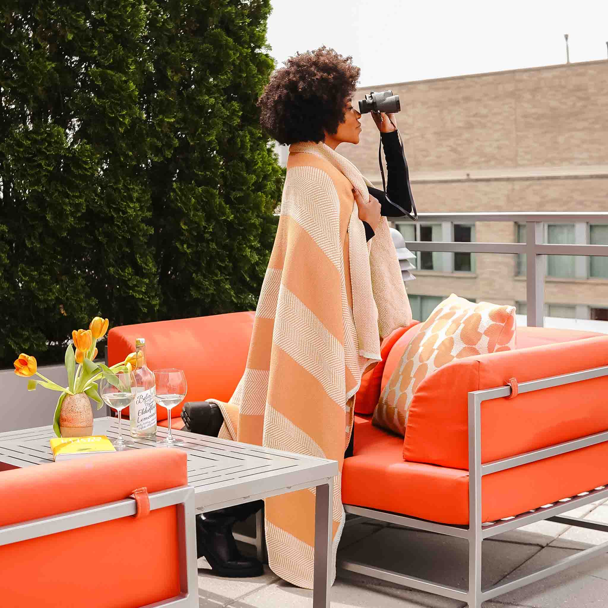 Indoor Outdoor Sustainable Knit Throw Blanket - Poly Herringbone Stripe - Image 8